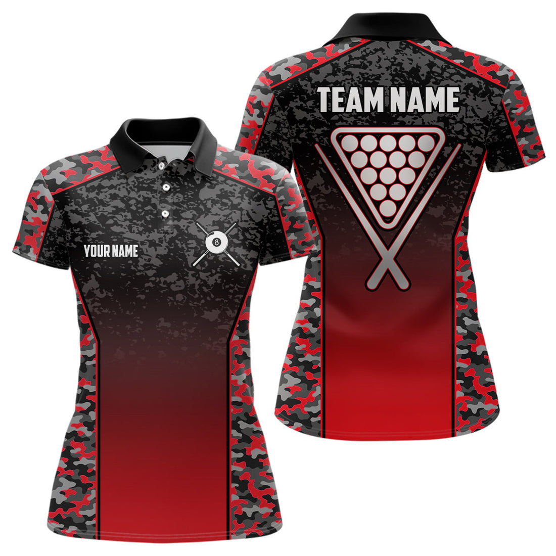 Custom Red Camo 8 Ball Pool for Personalized Women Polo Shirts S-5XL