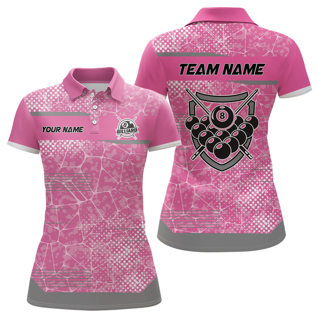 Custom Personalized Pink Grey 8 Ball Billiard For Women's Polo Shirts S-5XL