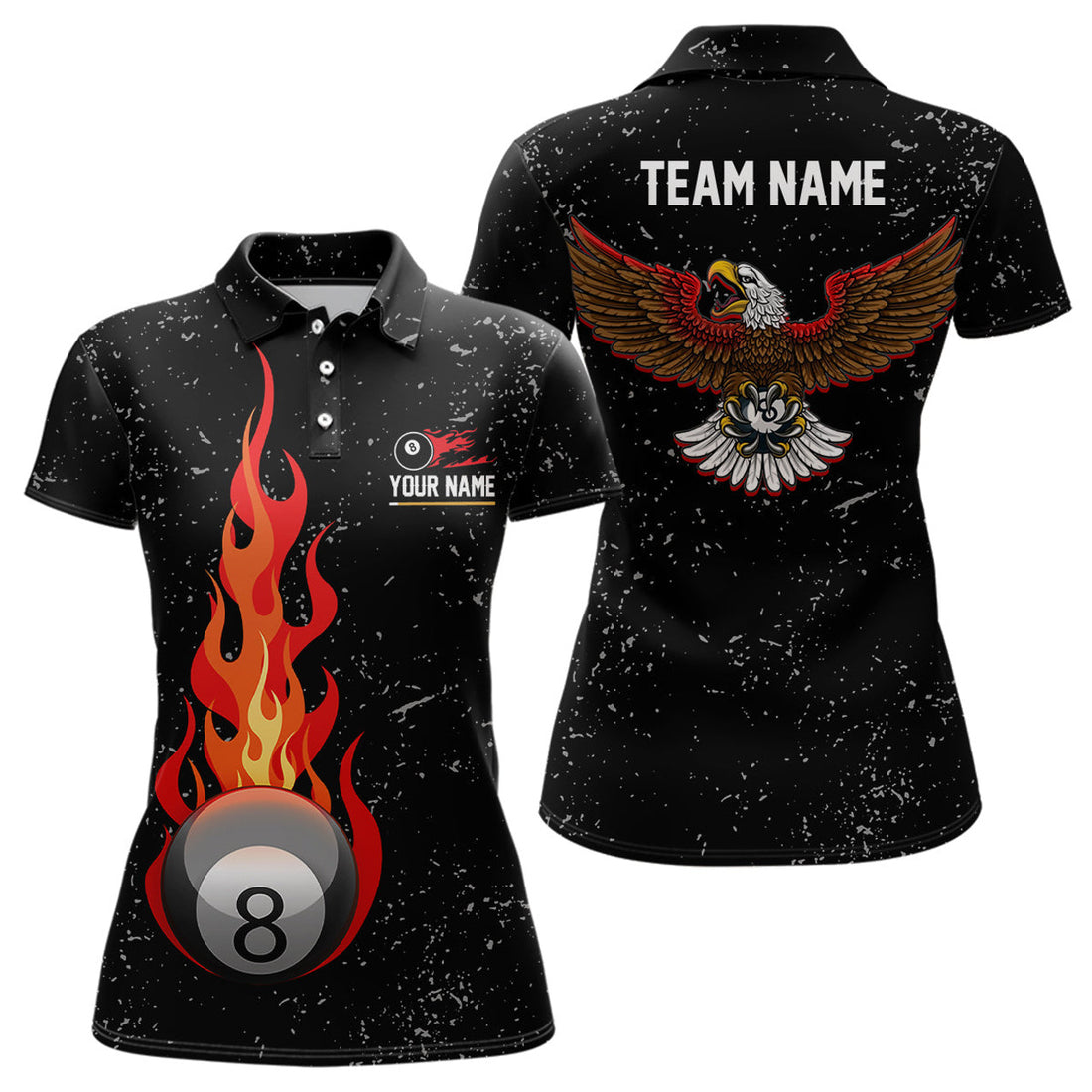 Custom Grunge Black Flame 8 Ball Pool Eagle Billiard Women's Polo Shirts S-5XL