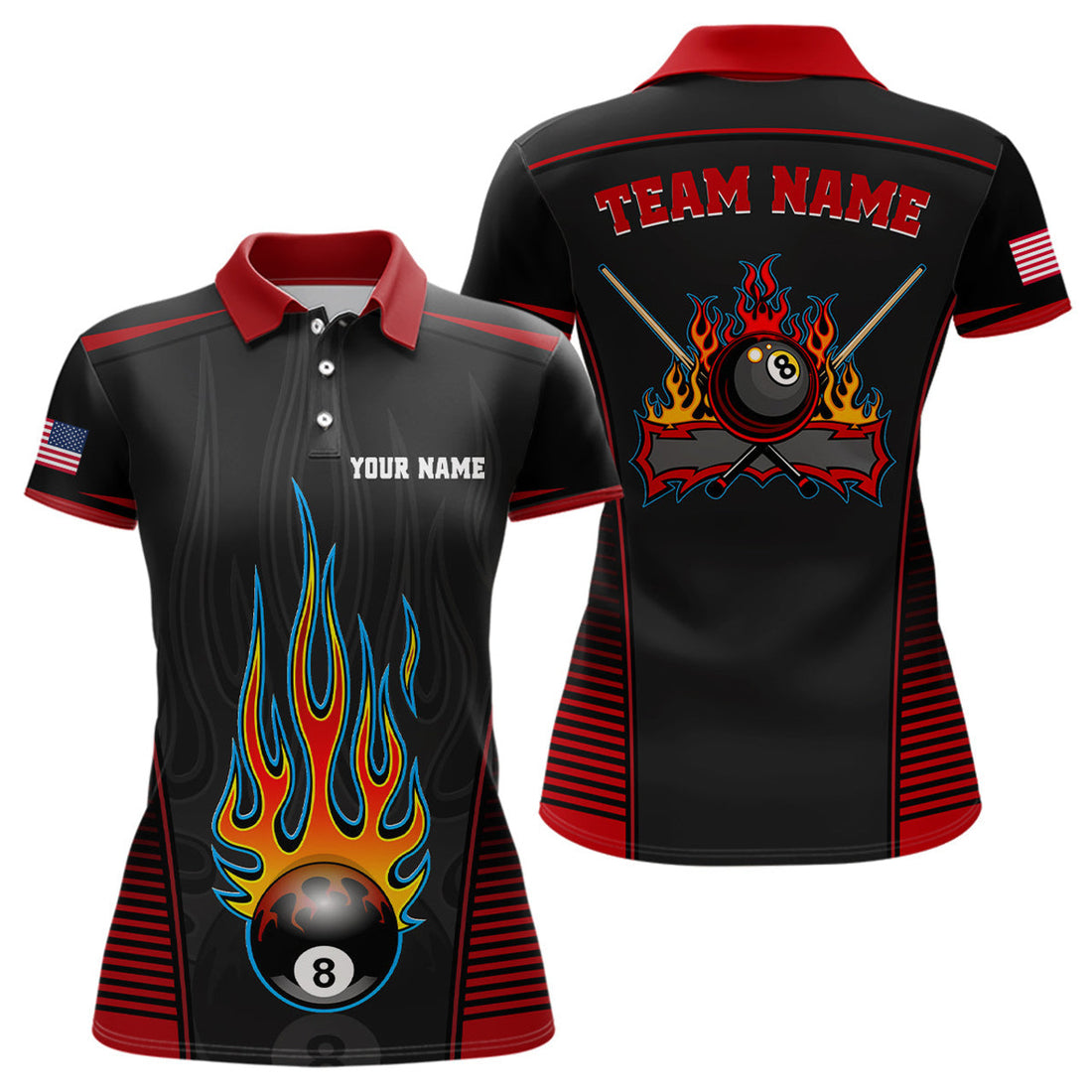 Custom US Flag Red Black Fire 8 Ball Billiard Shirts Women's Polo Shirts S-5XL