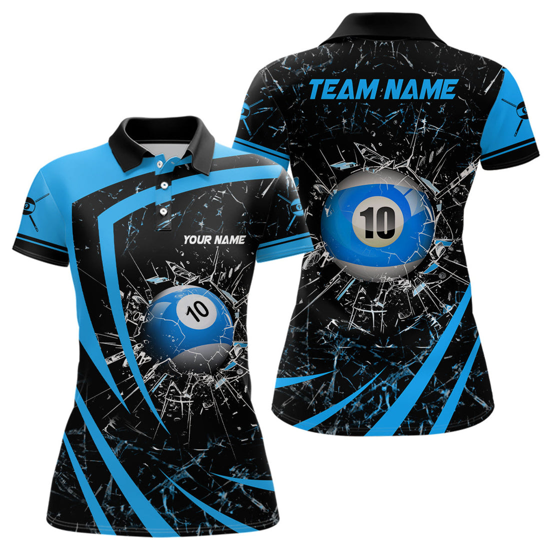 Custom Personalized Blue Glass 10 Ball Billiard 3D For Women's Polo Shirts S-5XL