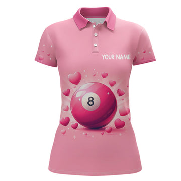 Custom Name Pink 8 Ball Valentine Billiard Gift Polo Women's Polo Shirts S-5XL