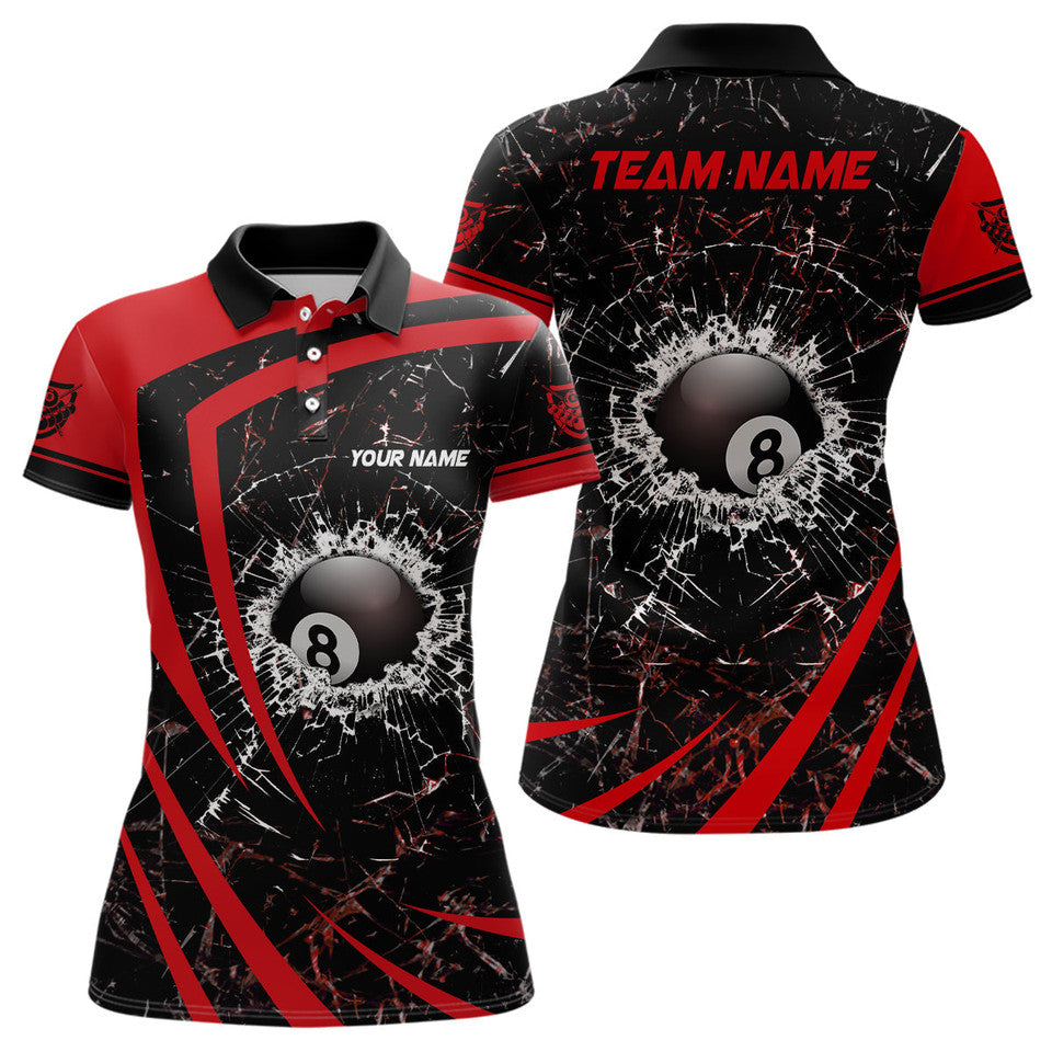 Custom Red 3D Glass Break 8 Ball Billiard Pool Design Women's Polo Shirts S-5XL
