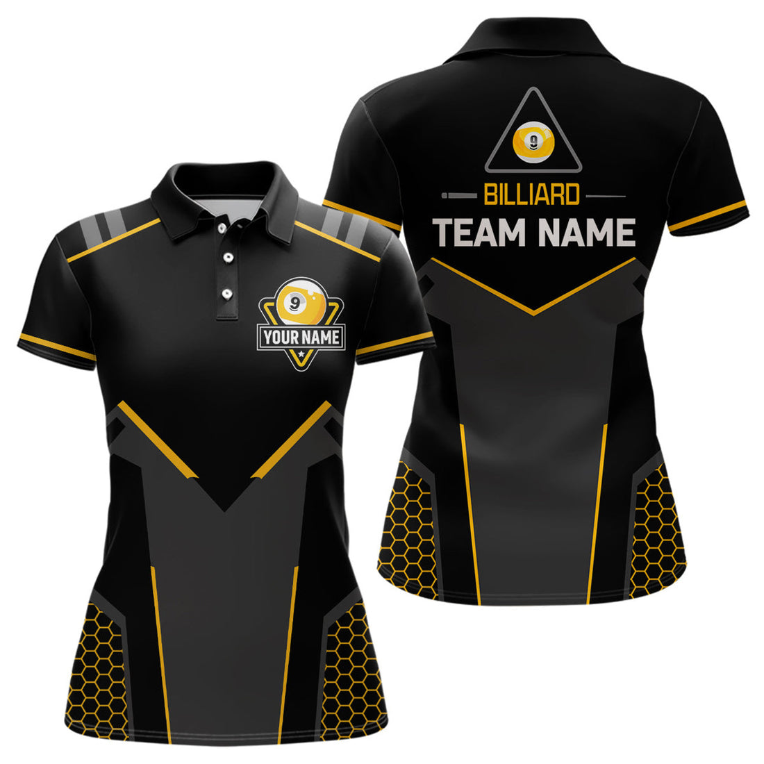 Custom Name 9 Ball Billiard Black Yellow Pool Team Shirt Women's Polo Shirts S-5XL