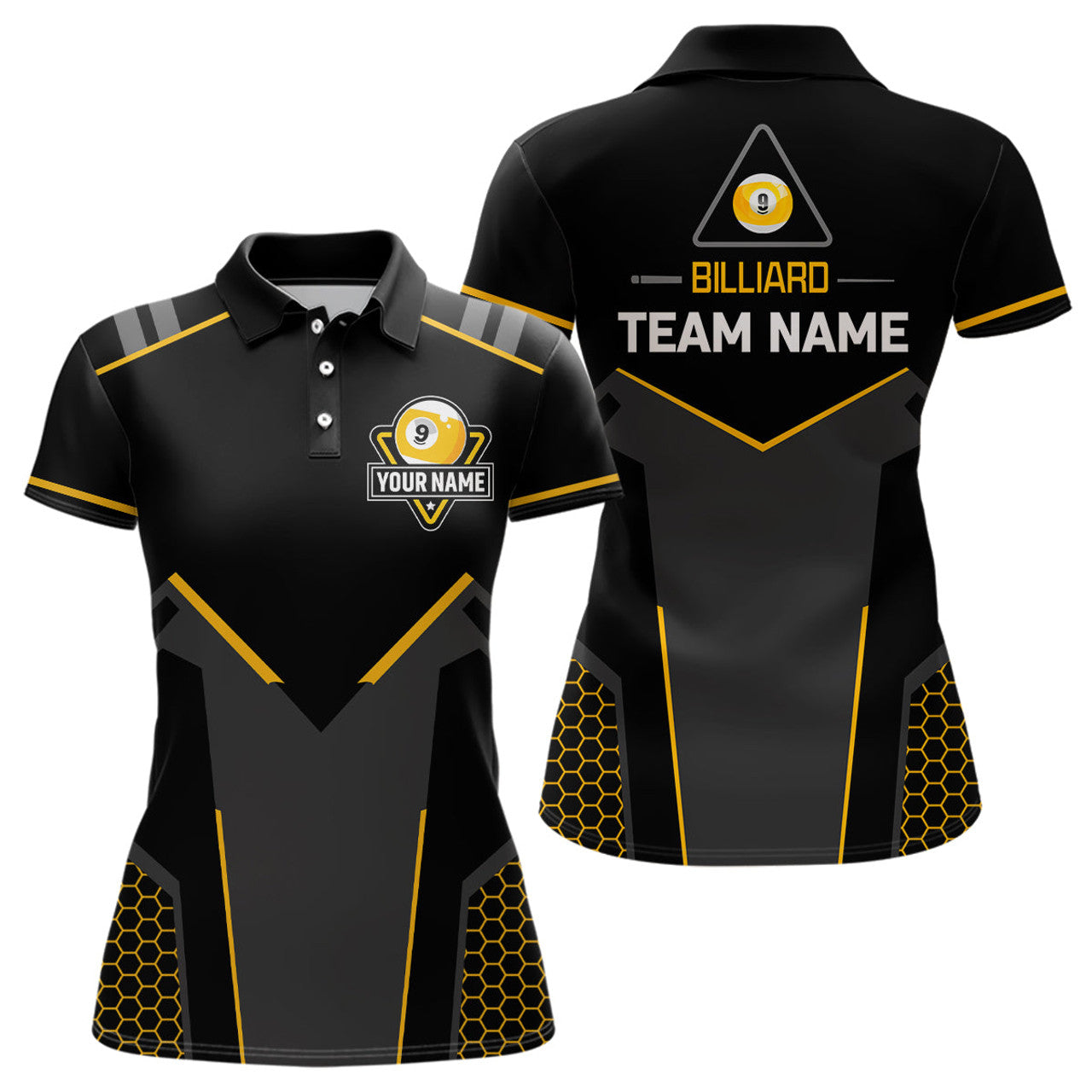 Custom Name 9 Ball Billiard Black Yellow Pool Team Shirt Women's Polo Shirts S-5XL