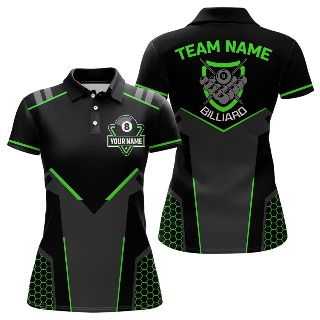 Custom Name Black Green 8 Ball Pool Team 3D Billiard Style Women's Polo Shirts S-5XL