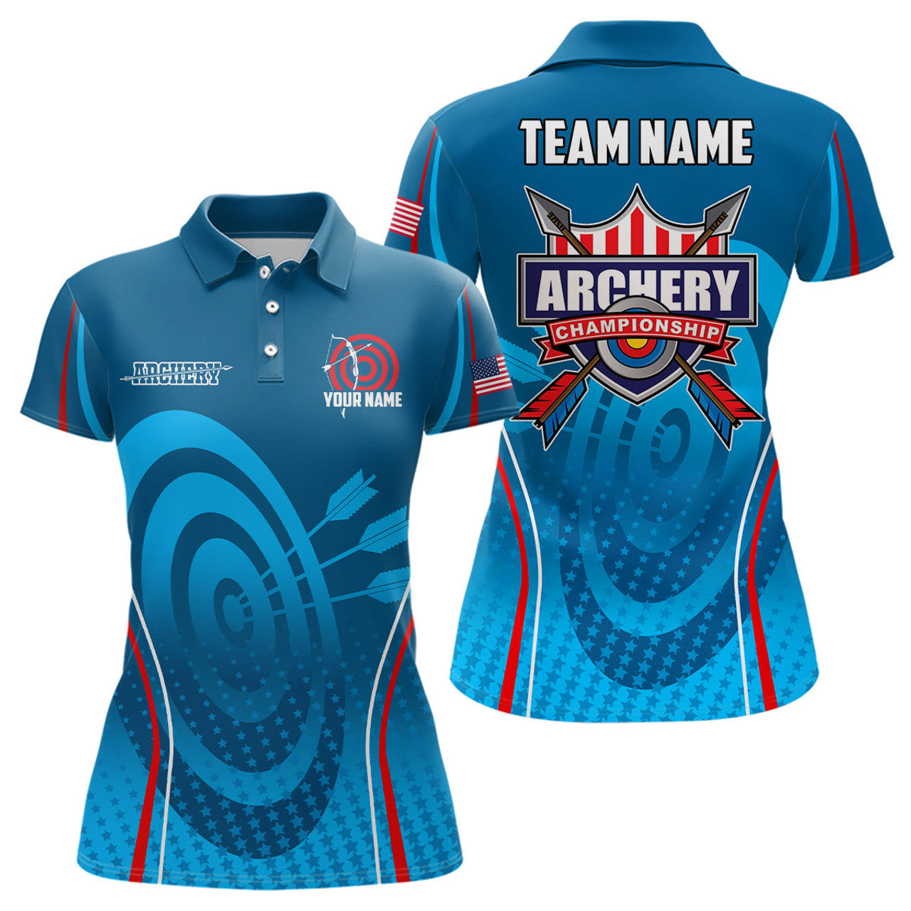 Custom Name Blue Red Archery Champion US Flag Target Shirts Women's Polo Shirts S-5XL