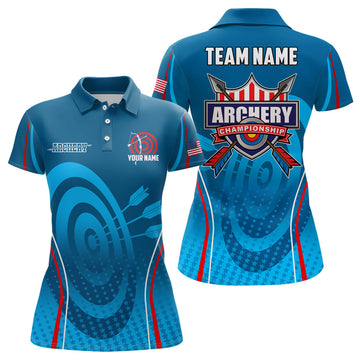 Custom Name Blue Red Archery Champion US Flag Target Shirts Women's Polo Shirts S-5XL