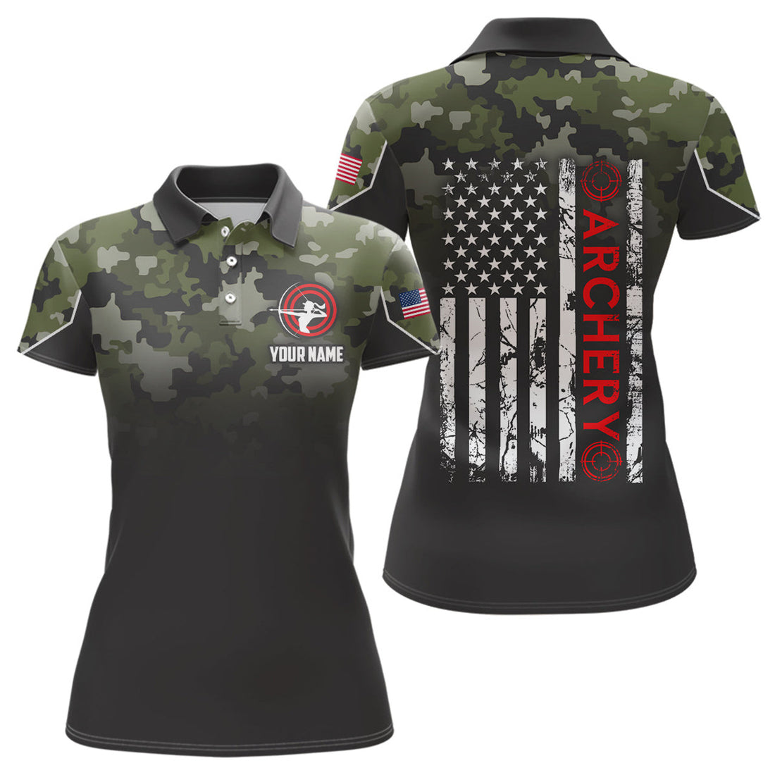 Personalized Green Archery Polo Custom Grunge US Flag Women's Polo Shirts S-5XL