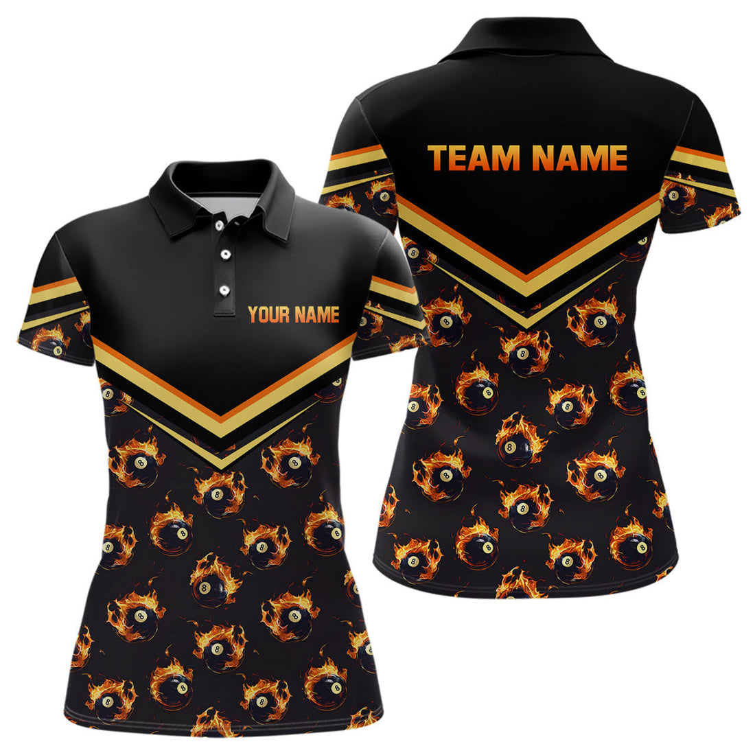 Custom Flame 8 Ball Pool Billiards Team For Personalized Women's Polo Shirts S-5XL