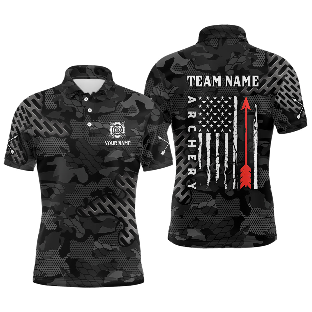 Personalized Dark Camo US Flag Archery Polo Shirt For Men S-5XL
