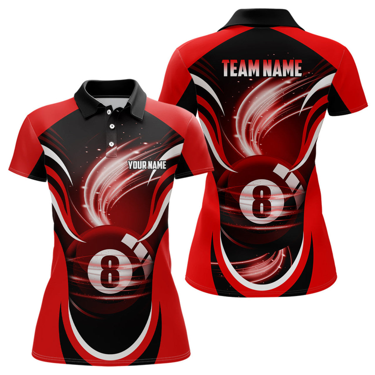 Custom Personalized Red Black 3D 8 Ball Pool for Women's Polo Shirts S-5XL