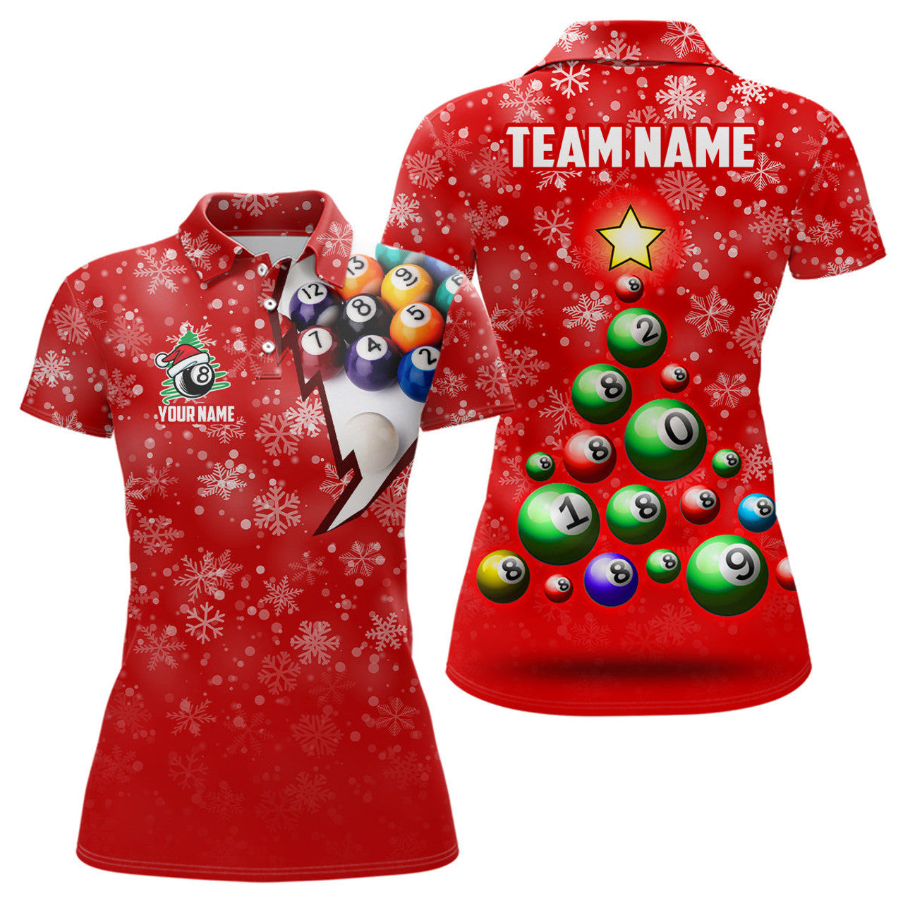 Custom Name Christmas Tree Billiard Pool 8 Ball Design Women's Polo Shirts S-5XL