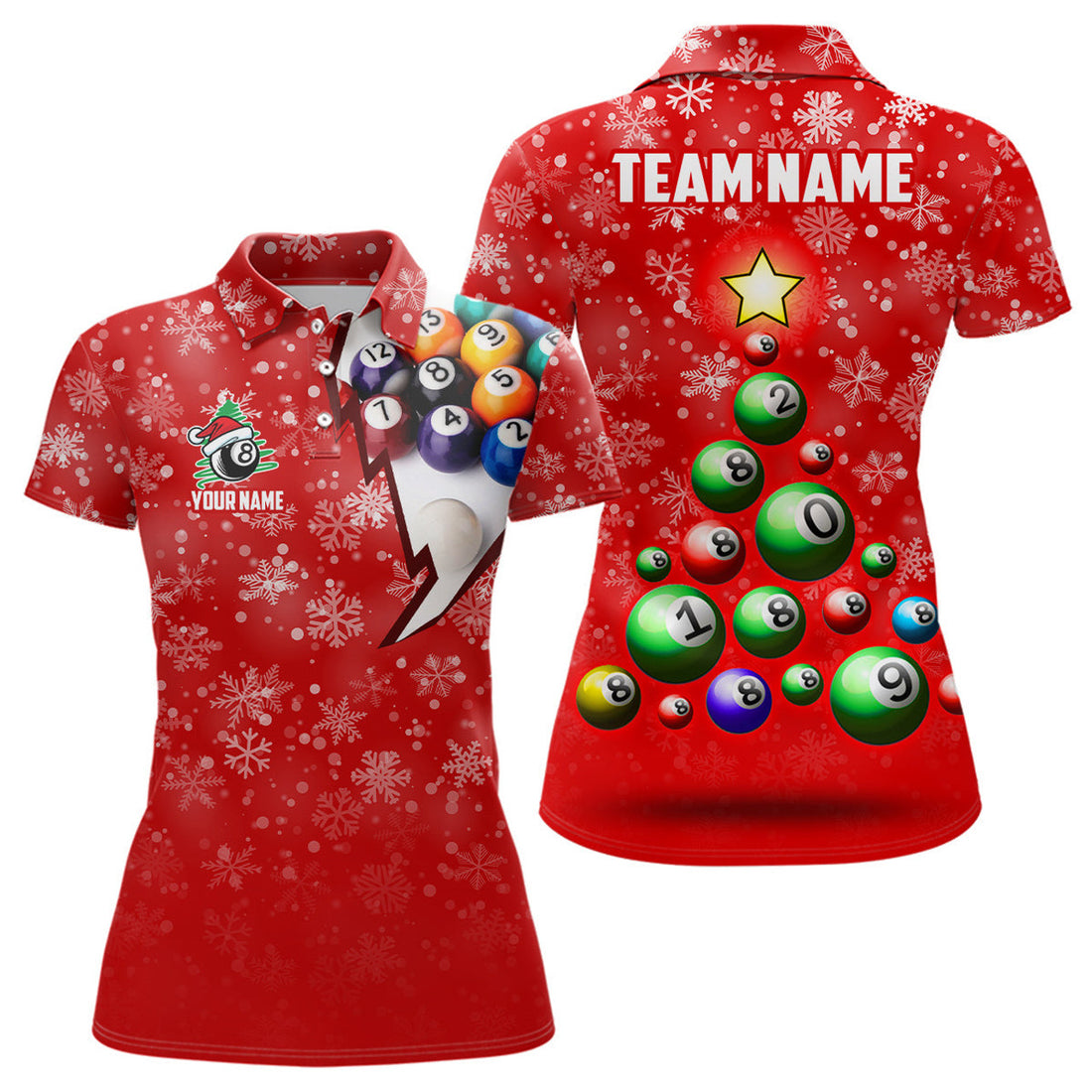 Custom Name Christmas Tree Billiard Pool 8 Ball Design Women's Polo Shirts S-5XL