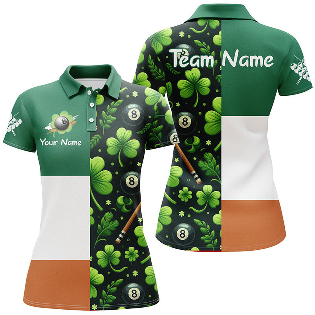 Custom St Patricks Day Ireland Flag Lucky Billiard 3D Women Polo Shirt Size S-5XL
