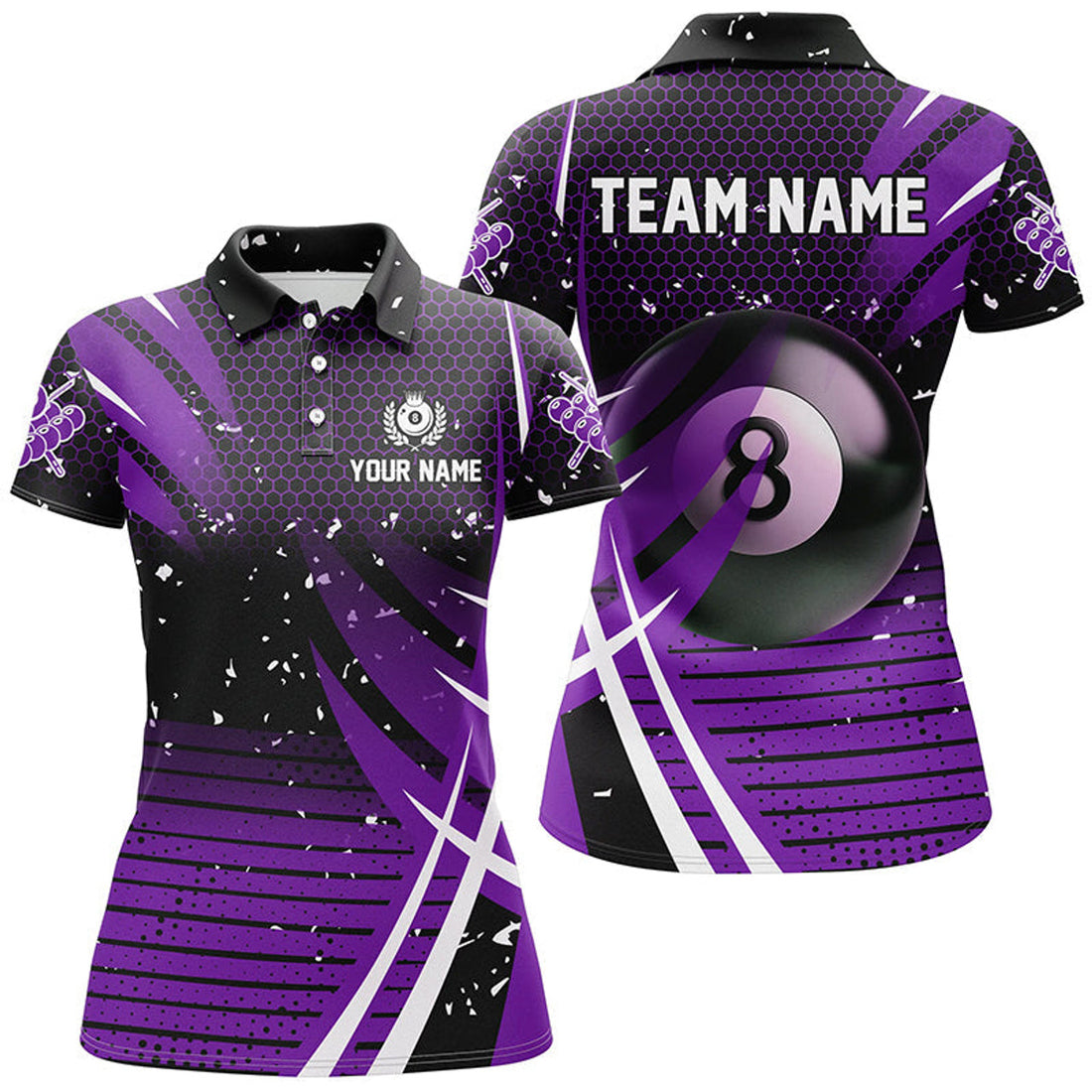 Custom Black Purple Billiard 8 Ball Pool Billiard Women's Polo Shirts S-5XL