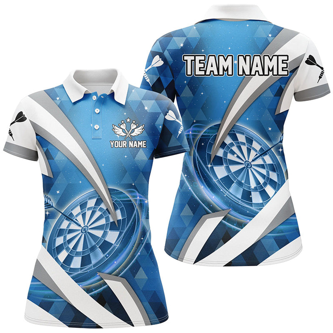 Custom Blue 3D Darts Team League Personalized Women's Polo Shirts S-5XL