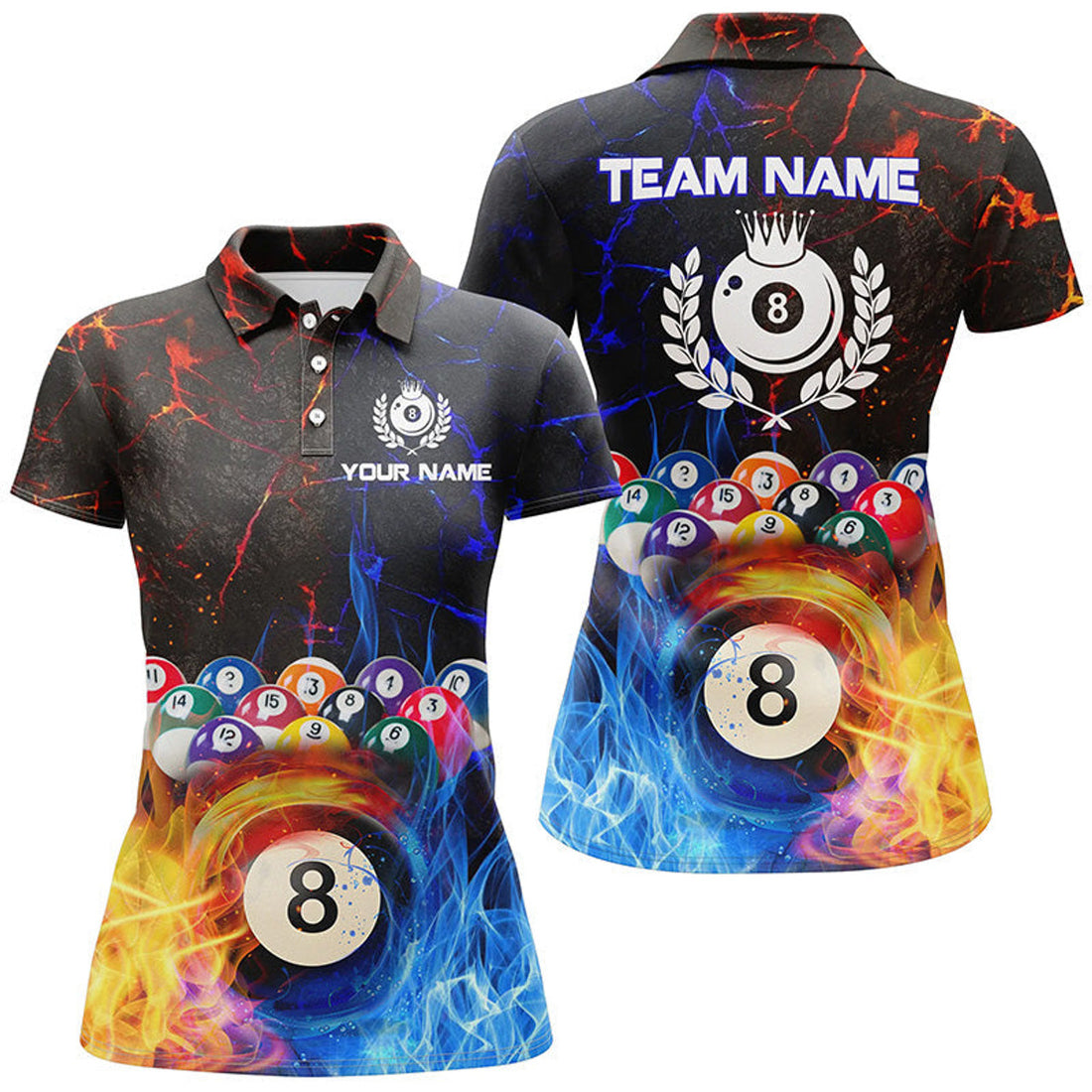 Custom Billiard 8 Ball Water and Fire Pool League Shirt Women's Polo Shirts S-5XL