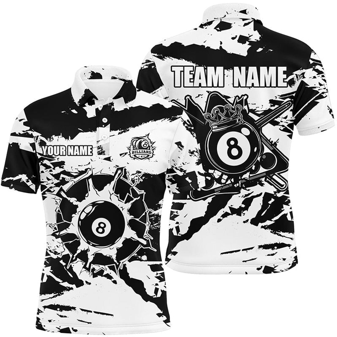 Black White 8 Ball Pool Paint Style Billiards Custom Men's Polo Shirt S-5XL