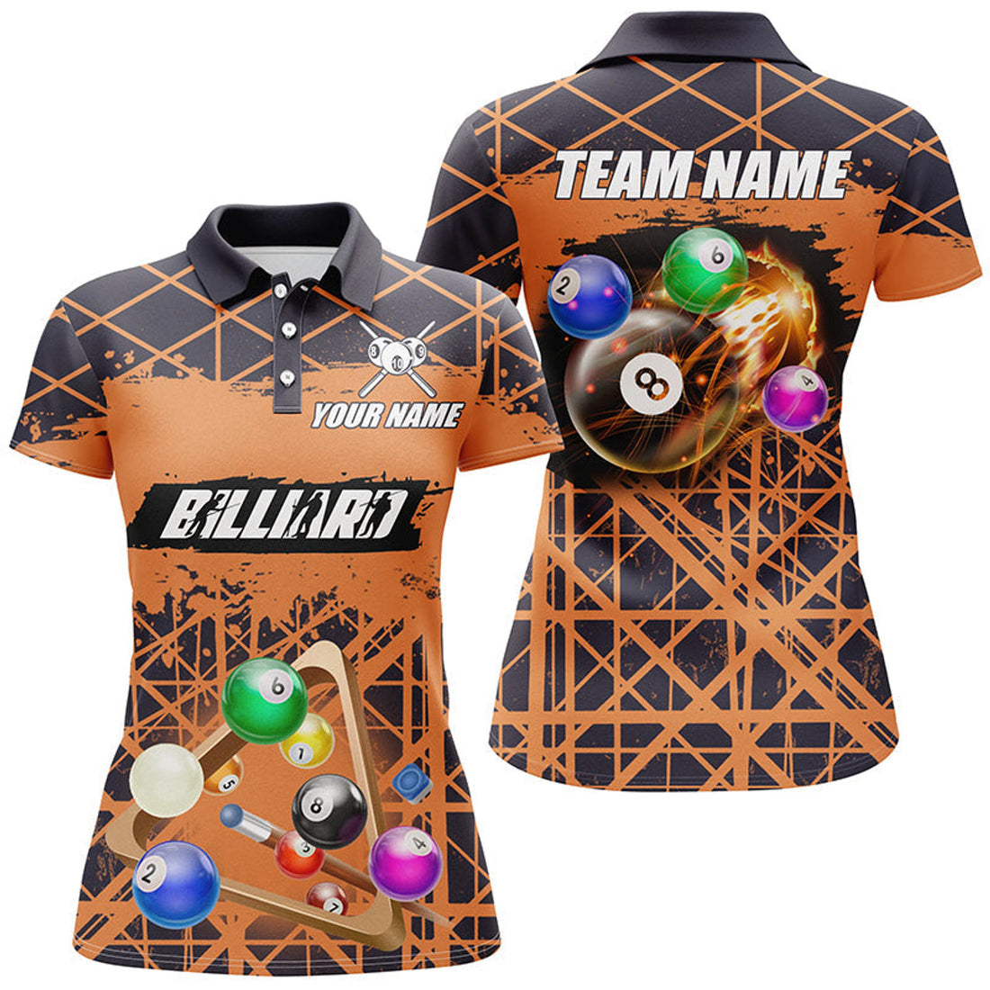 Custom Pool Player Orange Billiard Grunge Style Women's Polo Shirts S-5XL