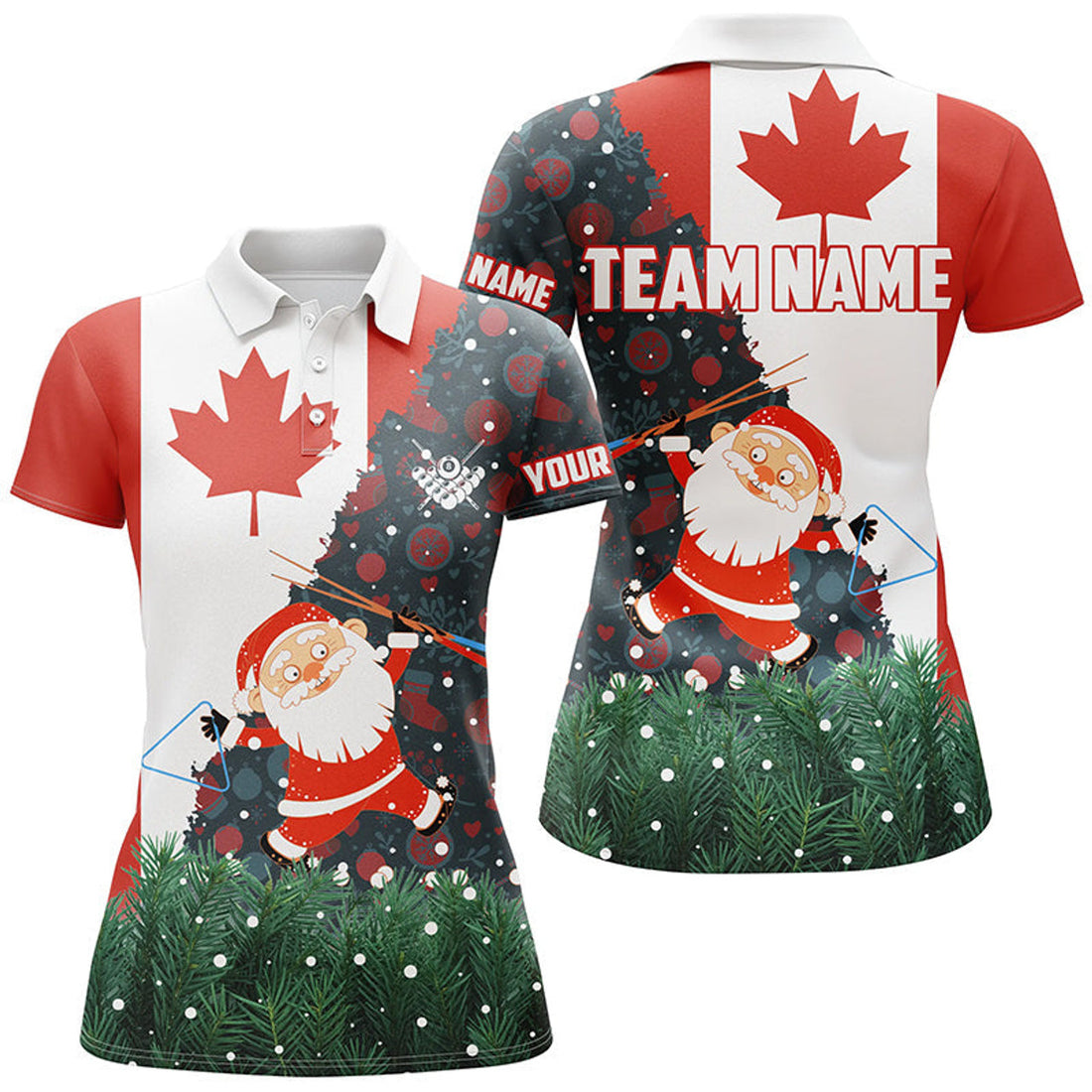 Custom Funny Santa Billiard Canada Flag Patriotic Christmas Women's Polo Shirts S-5XL