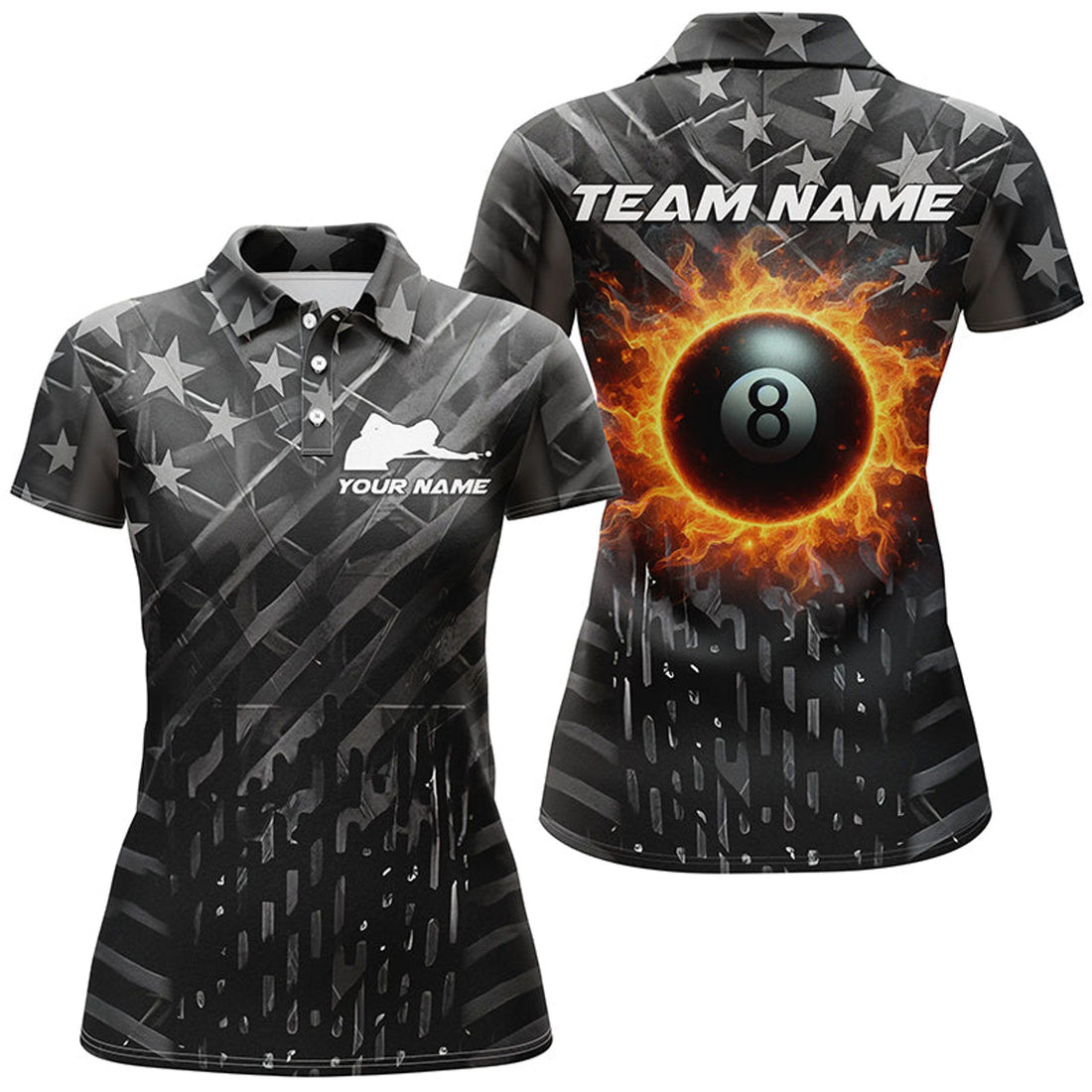 Custom Billiard Retro US Flag 8 Ball Fire Pool Team Women's Polo Shirts S-5XL