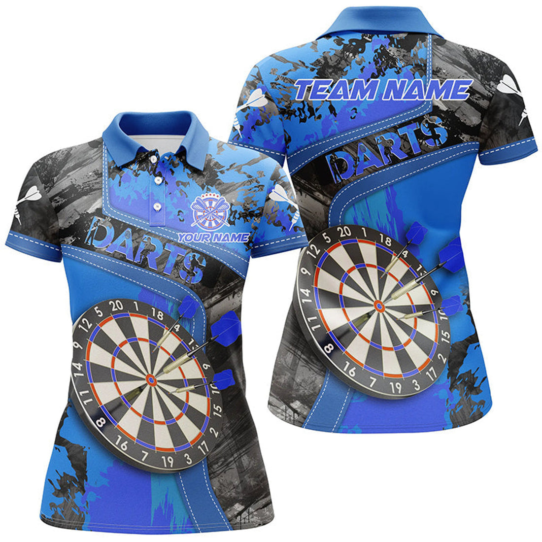 Custom Name Dartboard Blue Grunge Darts Team Shirt Women's Polo Shirts S-5XL