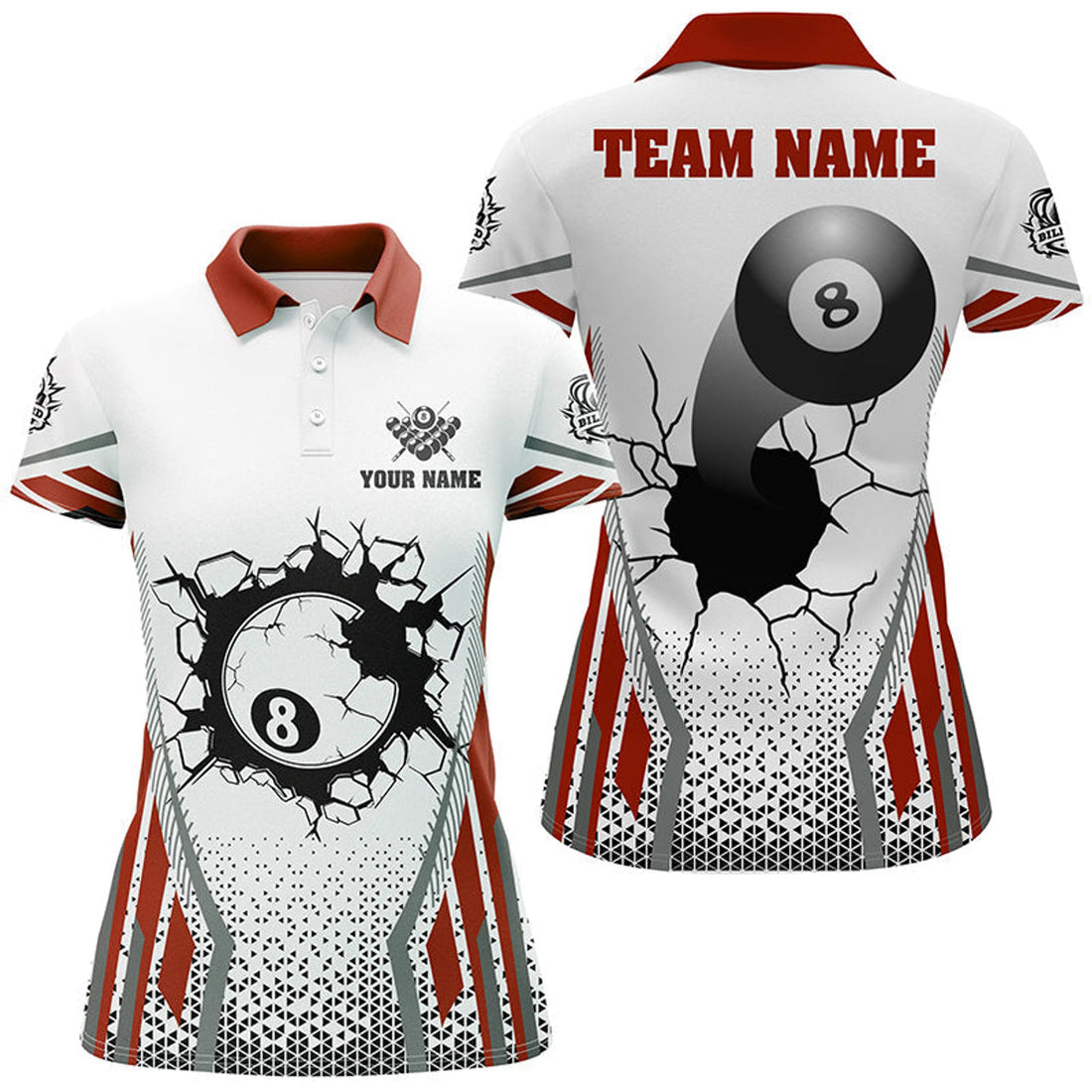 Custom 8 Ball Pool Cracked Wall White Red Billiard Attire Women's Polo Shirts S-5XL
