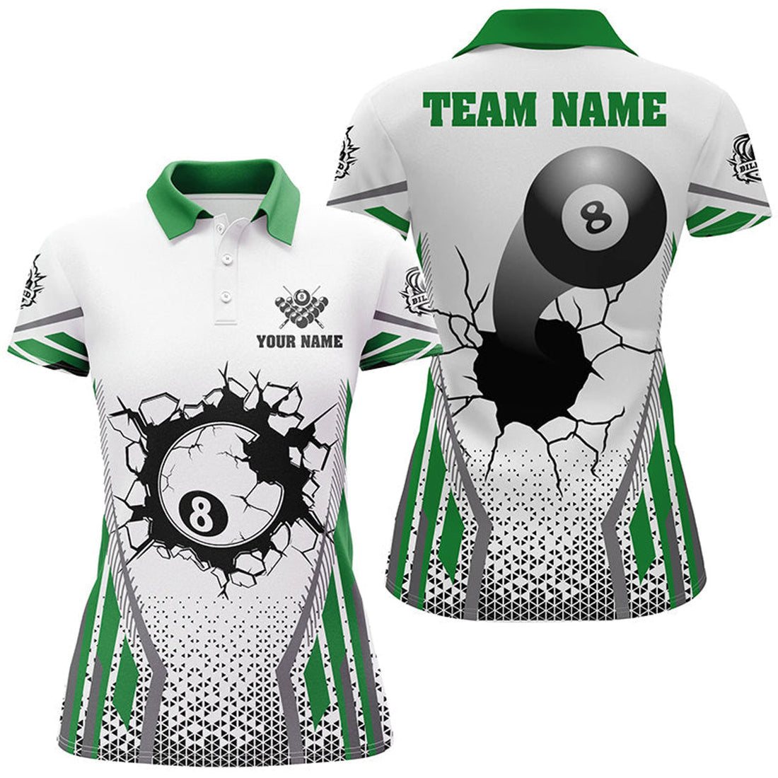Custom Name Green 8 Ball Pool Cracked Wall Billiard Outfit Women's Polo Shirts S-5XL