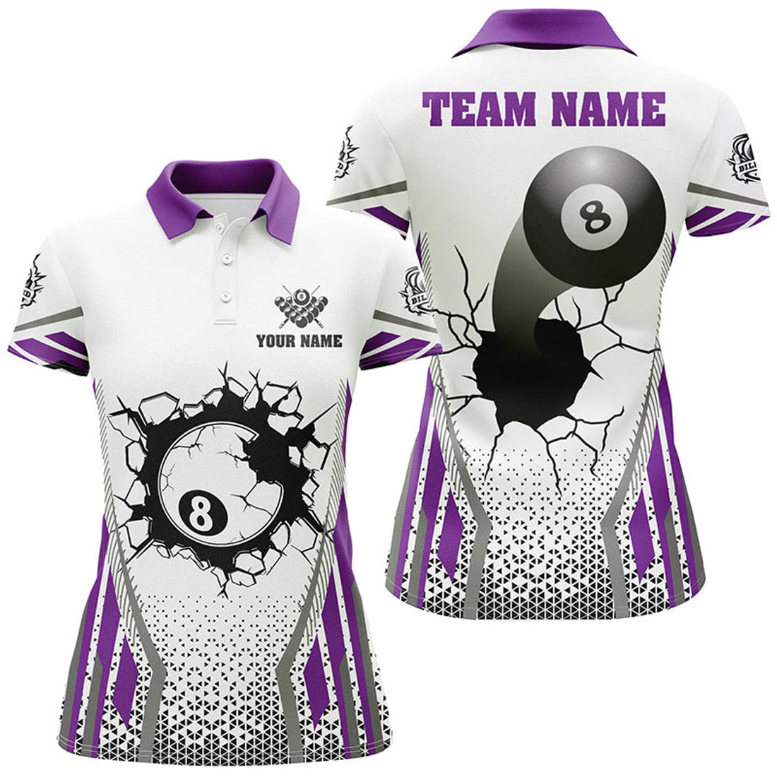Custom White Purple 8 Ball Pool Wall Design Billiard Attire Women's Polo Shirts S-5XL