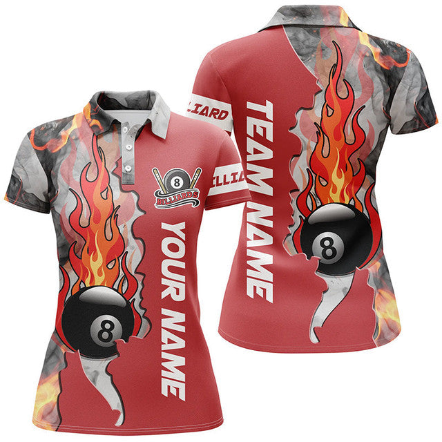 Custom Personalized 8 Ball Fire Smoke Billiard Pool Team Women's Polo Shirts S-5XL