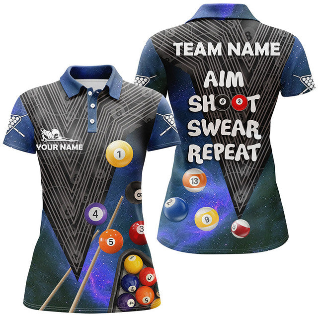 Custom Billiard Aim Shoot Swear Repeat Blue 3D Print Women's Polo Shirts S-5XL