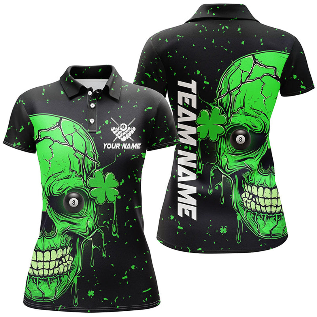 Custom Name Patrick 3D Green Skull Luckiest Billiard Shirt Women's Polo Shirts S-5XL