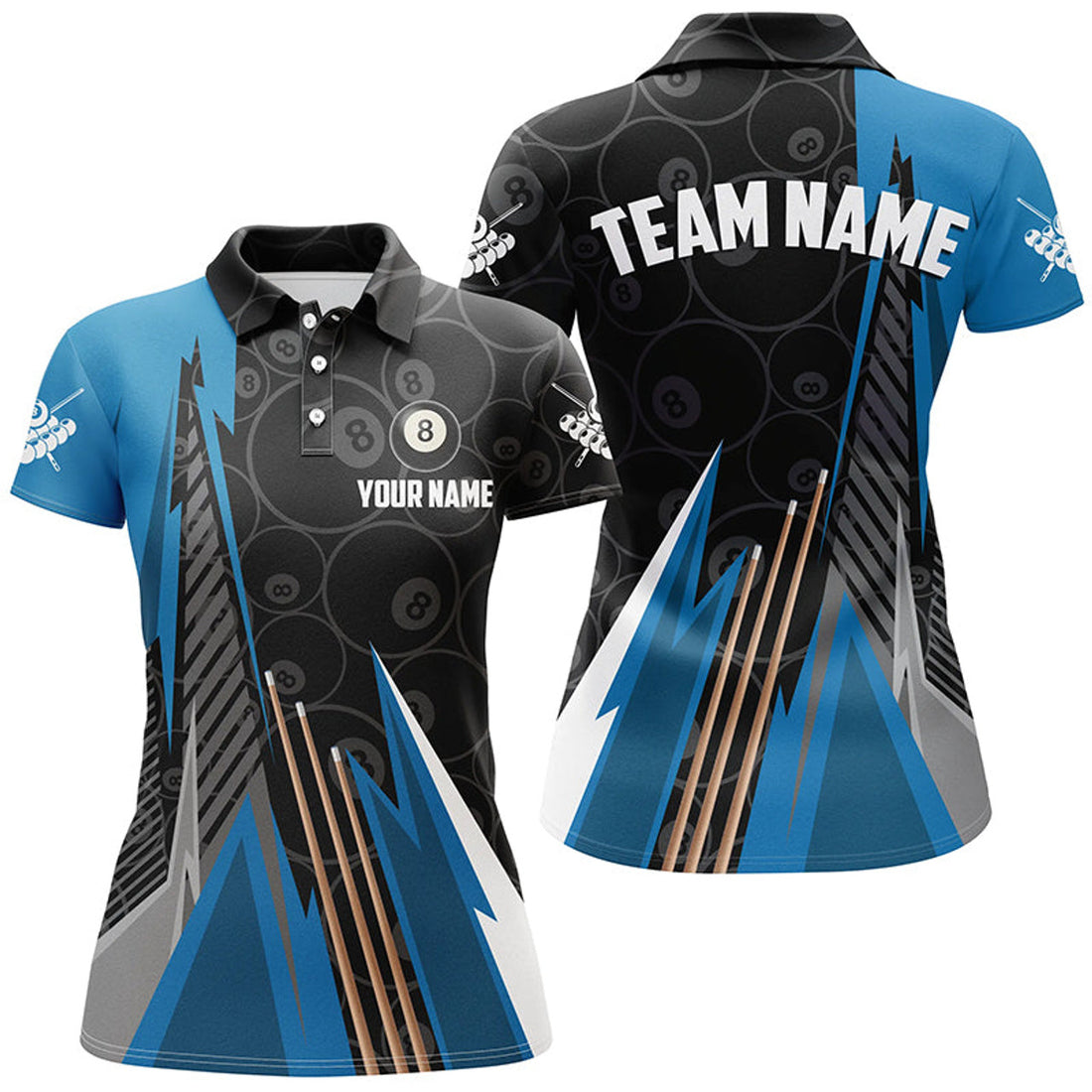 Custom Personalized Black Blue Billiard Pattern Women's Polo Shirts S-5XL