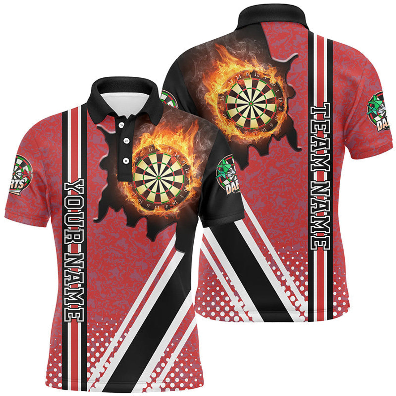 Personalized Black Red Darts Board Fire Flame Mens Polo Shirt S-5XL