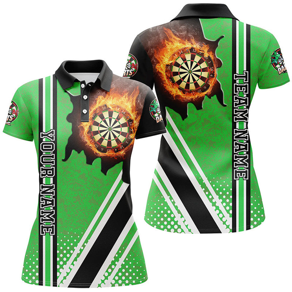 Custom Dart Team Shirt Black Green Fire Flame Darts Board Women's Polo Shirts S-5XL