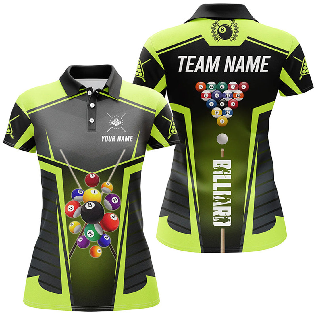 Custom Green Neon Billiard 3D Pool League Shirts Women's Polo Shirts S-5XL