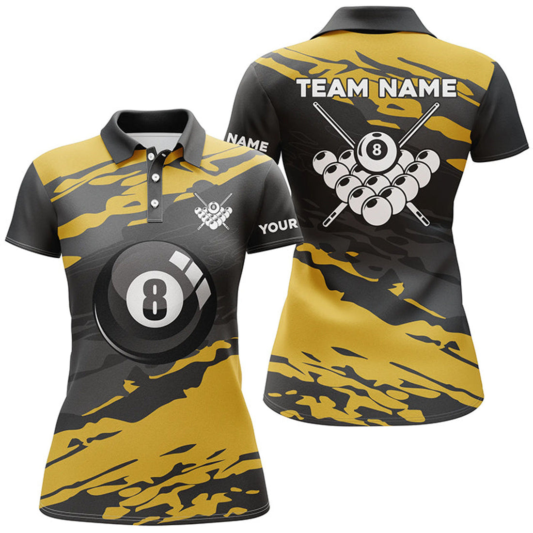 Custom Black Yellow Camouflage 8 Ball Pool Billiard Shirt Women's Polo Shirts S-5XL