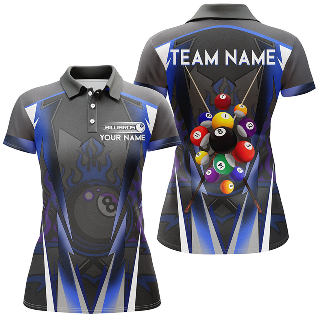 Custom Blue 8 Ball Pool Fire Billiard Team League Women's Polo Shirts S-5XL