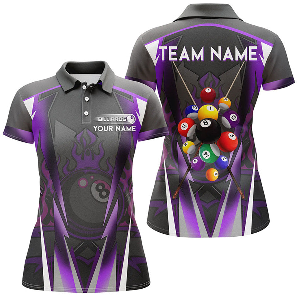 Custom Purple 8 Ball Fire Billiard Team Shirt Personalized Women's Polo Shirts S-5XL