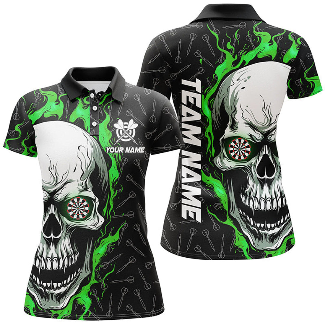 Custom Personalized 3D Green Skull Flame Dart for Women's Polo Shirts S-5XL