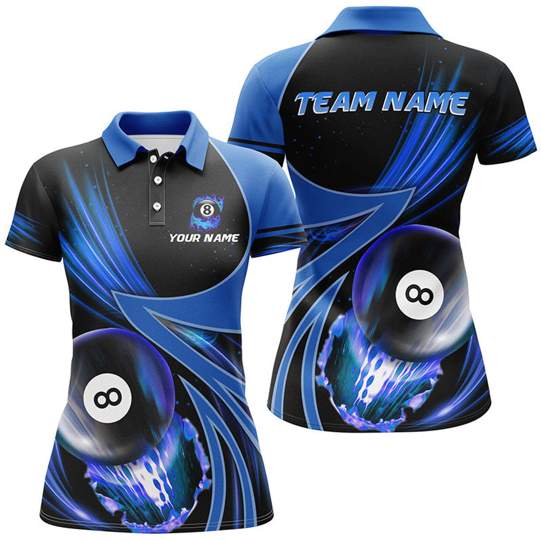 Custom 3D Blue Billiard 8 Ball Team League Shirts Women's Polo Shirts S-5XL