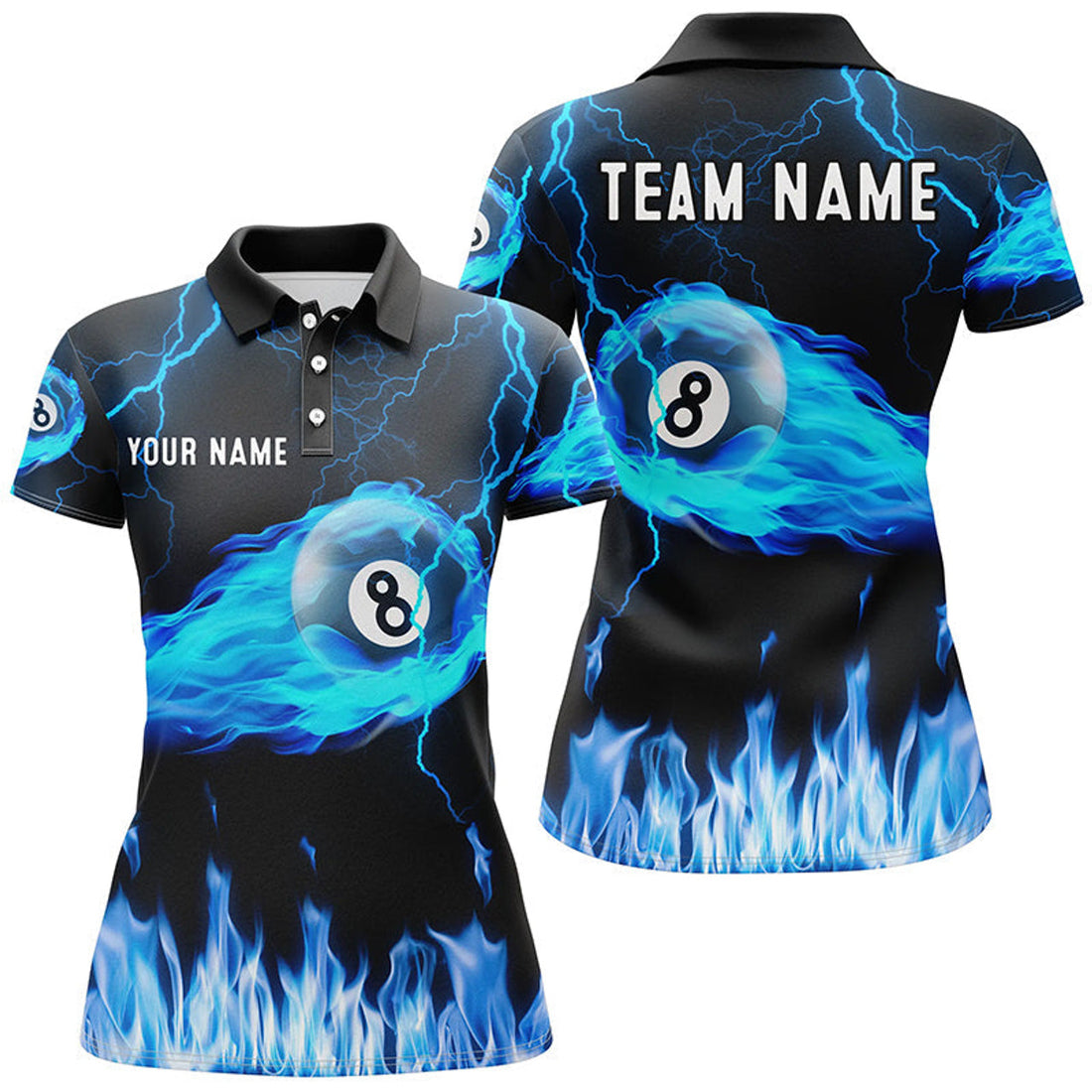 Custom Name Blue Flame 8 Ball Thunder Pool League Women's Polo Shirts S-5XL