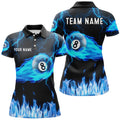 Custom Name Blue Flame 8 Ball Thunder Pool League Women's Polo Shirts S-5XL
