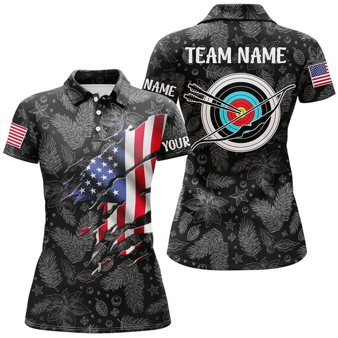 Custom Name Christmas USA Flag Archery Merry Christmas Women's Polo Shirts S-5XL