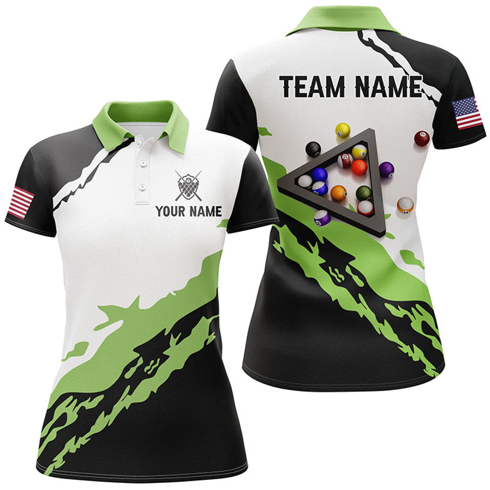 Custom Team Name 3D Black Green Billiard 3D Polo Shirts Women's Polo Shirts S-5XL