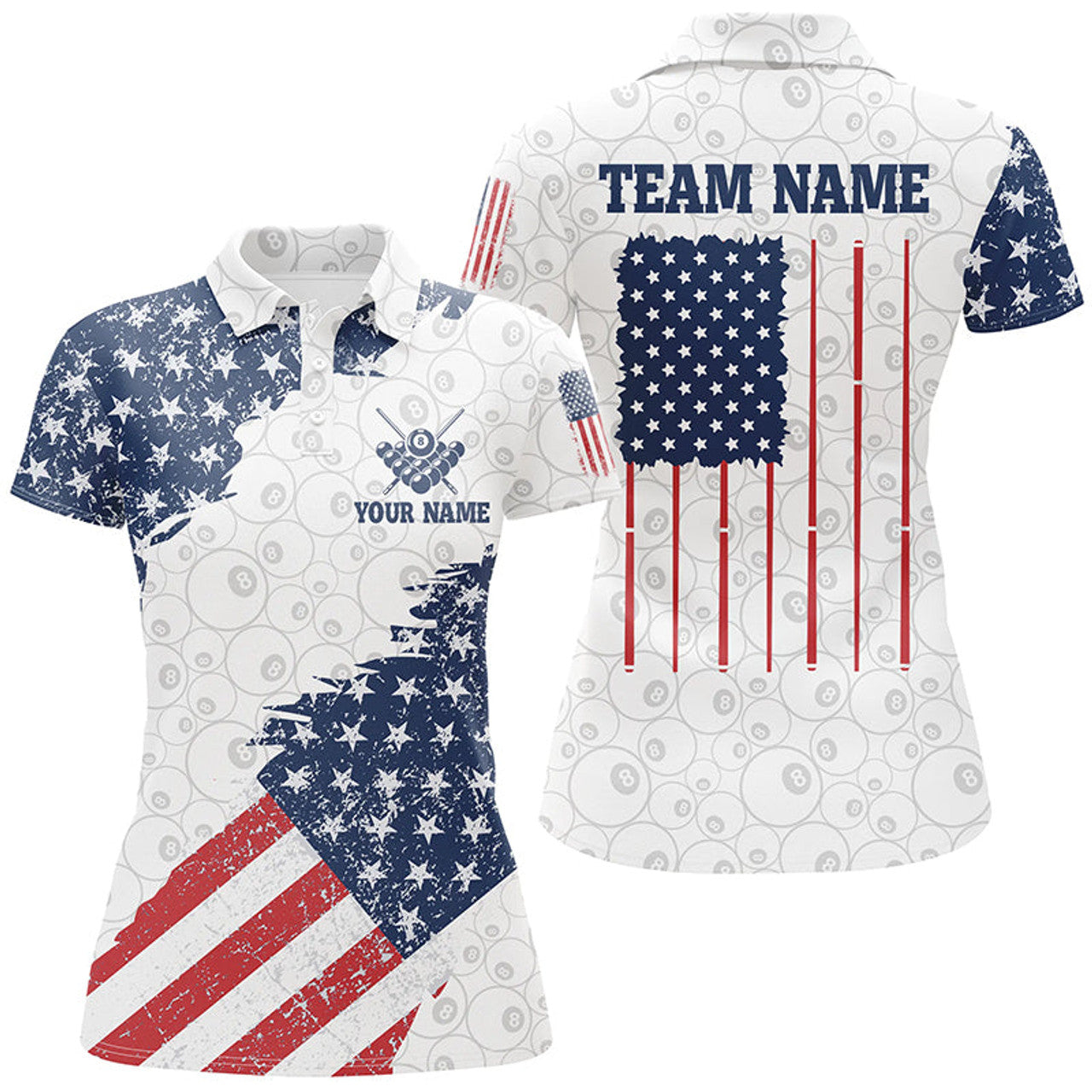 Custom Patriotic Grunge American Flag Billiard Women's Polo Shirts S-5XL