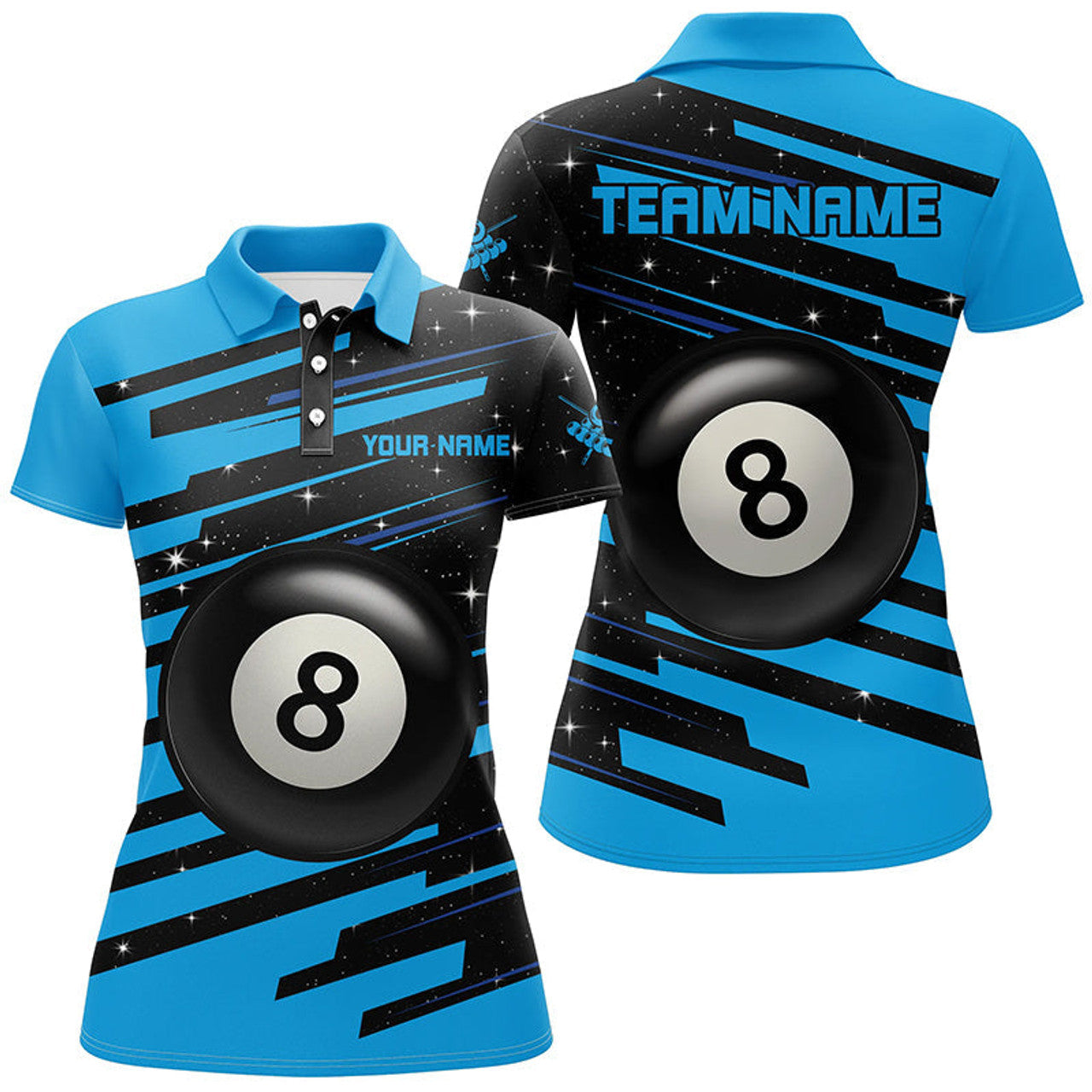 Custom Blue 8 Ball Pool Billiard Custom Team League Women's Polo Shirts S-5XL