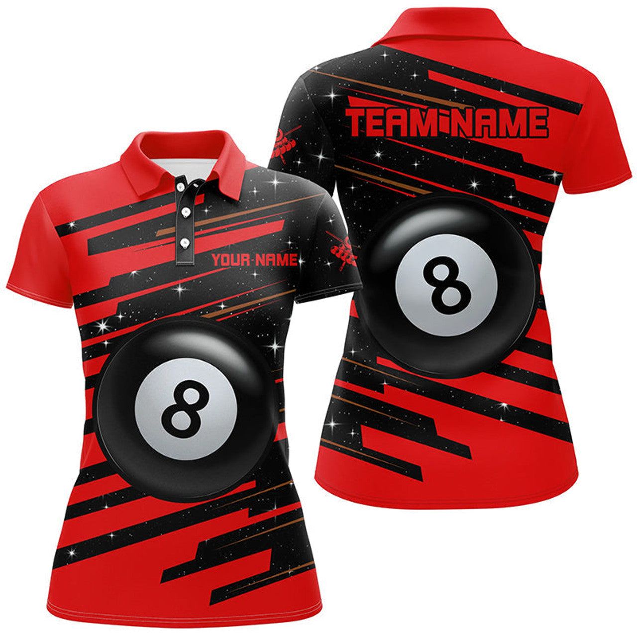 Custom Red 8 Ball Pool Billiard Custom Team League Women's Polo Shirts S-5XL