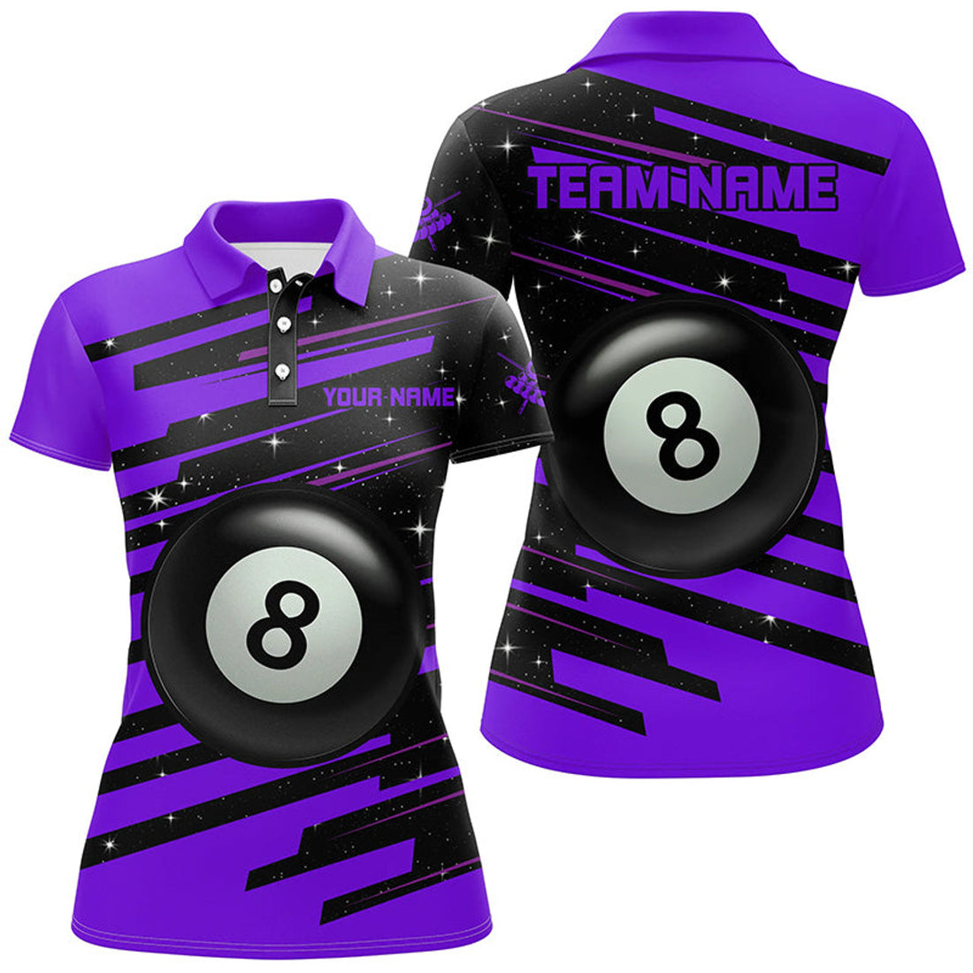 Custom Purple 8 Ball Pool Billiard for League Women's Polo Shirts S-5XL